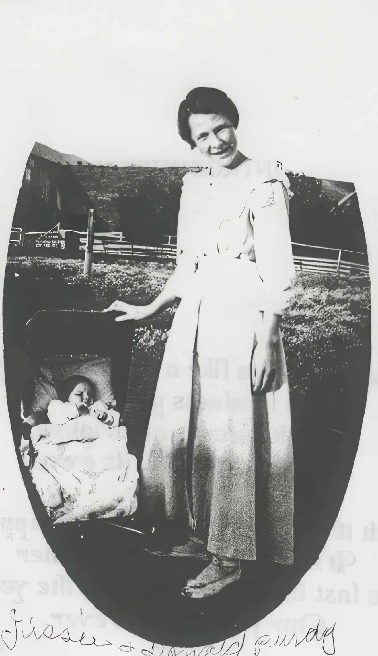 Jessie Purdy with a baby carriage near the ranch fence, early 1900s