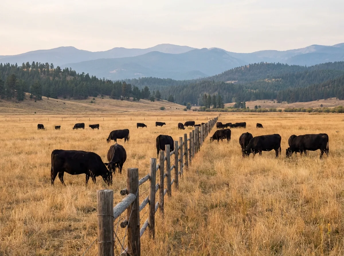Black Angus cattle grazing along a fence line on golden Montana pasture